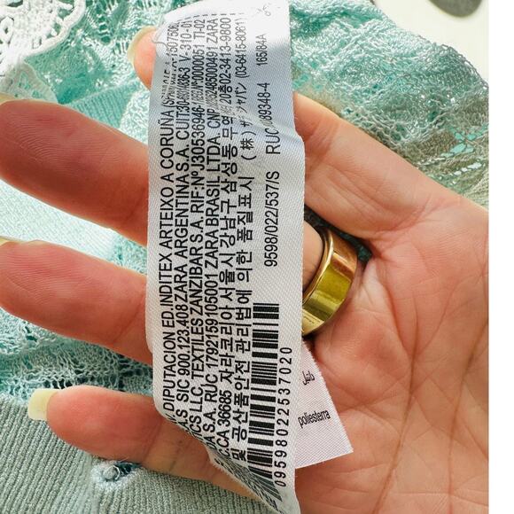 ZARA Aqua Crochet Knit White Lace Stripe Ruffle Neck Crop Sweater S - Picture 13 of 16